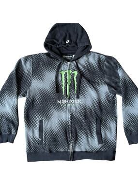 Vintage Y2K Monster Energy Zip Up Hoodie Large Halftone Dot Print AOP Skater